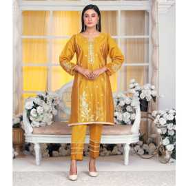 Bint al Bilaad Khadi Viscose Stylish Embroidered Suit For Women - Yellow - Pack of 2 PCS