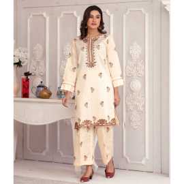 Bint al Bilaad Khadi Viscose Embroidered Suit For Women - Off White - Pack of 2 PCS