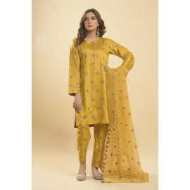 Needleast Silk Linen Shirt, Trouser & Dupatta Mehndi Color Stitched Suit For Women - Pack of 3 PCS