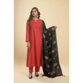 Needleast Blended Wool Shirt, Trouser & Shawl Red Berry Stitched Suit For Women - Pack of 3 PCS