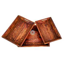 Serving Tray Set Of 3 Trays With Beautiful Hand Carvingt
