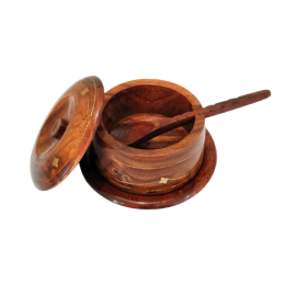 Hand Crafted Brass Work Wooden Sugar Bowl Spice Jar With Lid Spoon