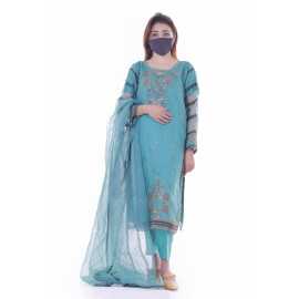 Organza Embroidered Stitched Luxury Formal Three Piece Suit - Sky Blue - BAB16
