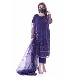 Organza Embroidered Stitched Luxury Formal Three Piece Suit - Purple - BAB15