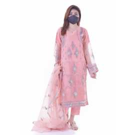 Organza Embroidered Stitched Luxury Formal Three Piece Suit - Light Pink - BAB18