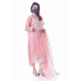 Organza Embroidered Stitched Luxury Formal Three Piece Suit - Light Pink - BAB21