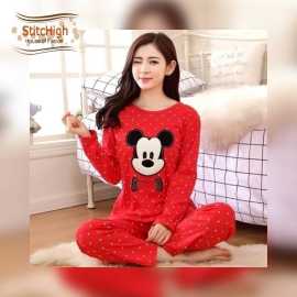 Long Sleeve Shirt And Pajama Cotton Night Suit For Women - Red