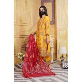 Organza Embroidered Stitched Luxury Formal 3 PCS Suit For Women - Yellow