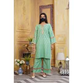 Jacquard Stitched Luxury Formal 2 PCS Suit For Women - Green