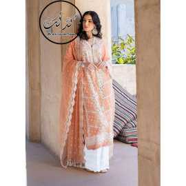 Chiffon Heavy Embroidered 3 PCS Women Unstitched Suit - Cantaloupe Orange - Ra-70