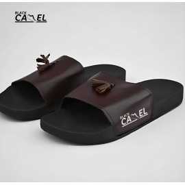 Black Camel Hand-Crafted Leather Tassel Slides Slipper For Men
