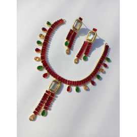 Necklace With Earrings For Women - Red Stone