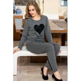 Long Sleeve Shirt And Pajama Cotton Night Suit For Women - Grey