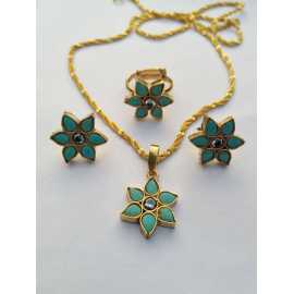 Real Gold Plated Handmade Elegant Set Of Pendant, Ring And Earrings