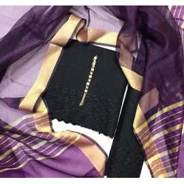 Jacquard Cotton 3 Piece Unstitched Suit For Women - Purple & Black