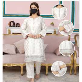 Embroidered Round Neckline with V-cut Jacquard Long Sleeves 2-Piece Dress