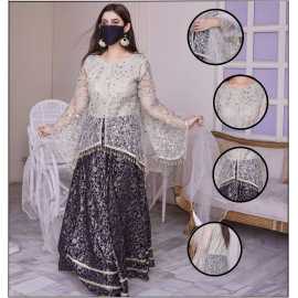 Net Fabric with Embroidered Handwork Cotton Lehnga