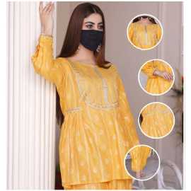 Plated Tulip Design Boat Neckline Jacquard Full Sleeves 2-Piece Dress