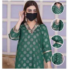 Embroidered V-Neckline Jacquard Full Sleeves 2-Piece Dress