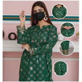 Embroidered Boat Neckline with V-Cut Jacquard Full Sleeves 2-Piece Dress