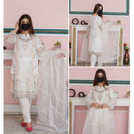 Exquisite 3-Piece Set with Embroidery and Lace Viscose Trouser