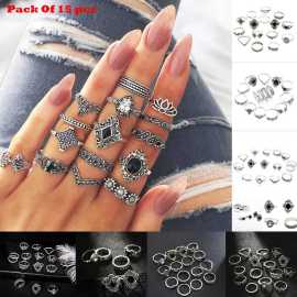 15 Pcs Vintage Silver Ring Set For Women