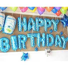 Blue with White Dots 13 Pcs Happy Birthday Foil Balloons Set