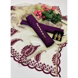 Qattan Silk 3Pc Unstitched Dress With Matching Earings Casual Dress Party Wear Suit - AHC63