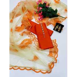 Qattan Silk 3Pc Unstitched Dress With Matching Earings Casual Dress Party Wear Suit - AHC64