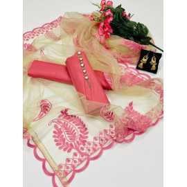 Qattan Silk 3Pc Unstitched Dress With Matching Earings Casual Dress Party Wear Suit - AHC66