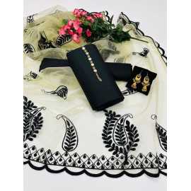 Qattan Silk 3Pc Unstitched Dress With Matching Earings Casual Dress Party Wear Suit - AHC69