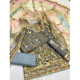 3Pc Unstitched Multi Embroided  Dress For Party Wear And Casual Ladies And Women's - AHC54