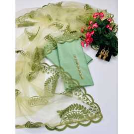 Qattan Silk 3Pc Unstitched Dress With Matching Earings Casual Dress Party Wear Suit - AHC67