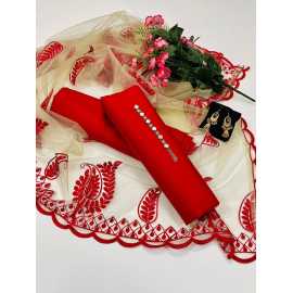 Qattan Silk 3Pc Unstitched Dress With Matching Earings Casual Dress Party Wear Suit - AHC68