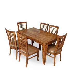 Solid Sheesham Wood Dining Table Set with 6 Cushioned Chairs Provincial Teak Finish