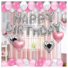 Pink & White Charming Happy Birthday Theme Balloons Set