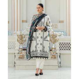 Kamari 3 PCS Lawn Shalwar/Kameez & Dupatta White Unstitched Suit For Women