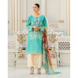 Saiba 3 PCS Lawn Shalwar/Kameez & Dupatta Teal Blue Unstitched Suit For Women
