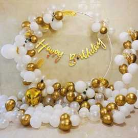 Lovely White And Golden Happy Birthday Theme Balloons Set