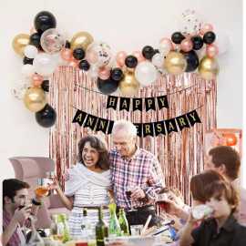 Black And Rose Gold Happy Anniversary Decor Theme Balloons Set