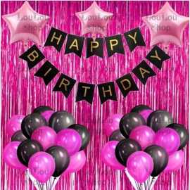 Black Banner And Pink Happy Birthday Theme Balloons Set