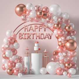 White And Rose Gold Happy Birthday Theme Decor Balloons Set