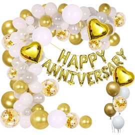 White And Golden Happy Anniversary Decorations Foil Balloon Set
