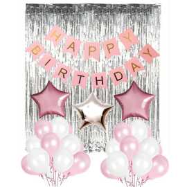 Graceful Pink Theme Of Happy Birthday Card/Banner & Balloons Set