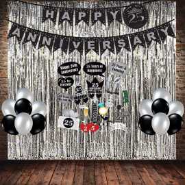 Happy Anniversary Gold & Black Decoration Set With Banner Curtain & Balloons