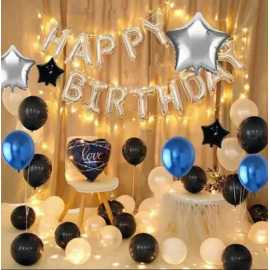 Happy Birthday Silver And Black Theme Balloons Set