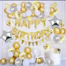 Happy Birthday Golden & White Complete Theme Balloons Set