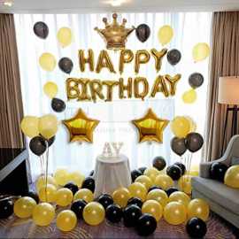 Crown Gold  & Black Happy Birthday Foil Balloons Set