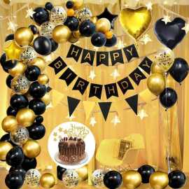Black  &Gold Happy Birthday Banner With Star Foil Balloon Set