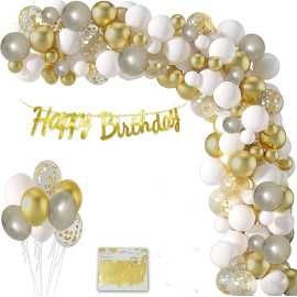 Golden And White Happy Birthday Theme Balloons Set
